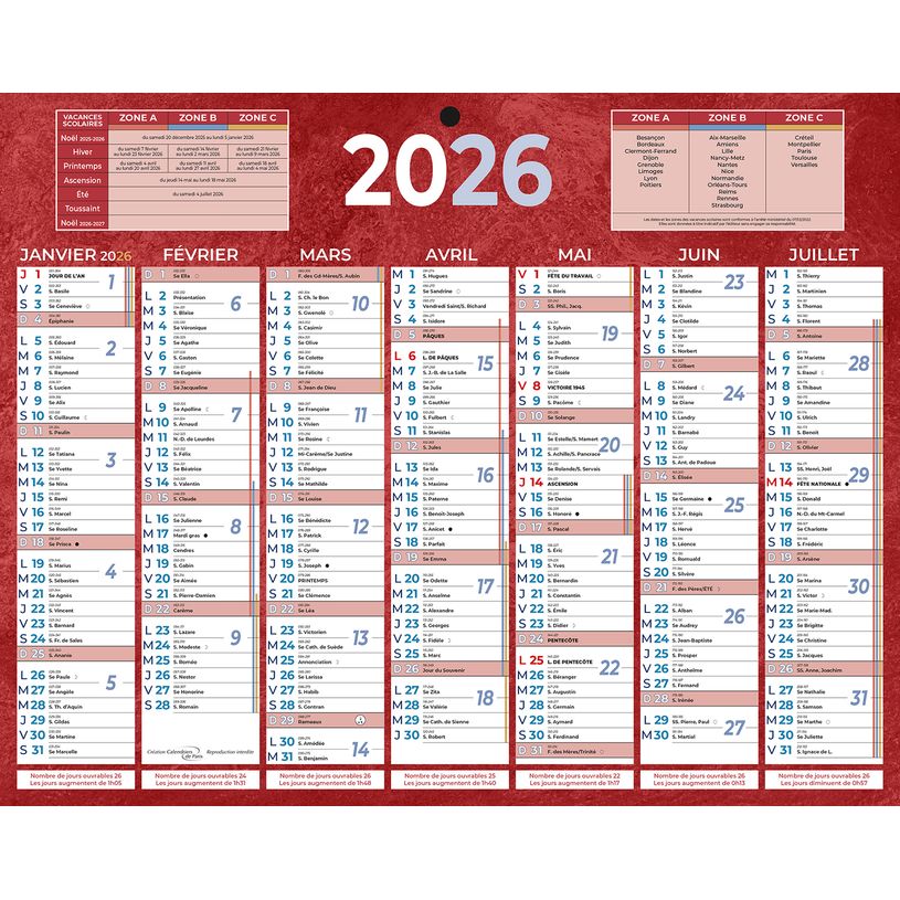 3592930026450-Calendrier bancaire année civile BOUCHUT "215 Rouge" 21 x 26,5 cm coloris rouge Pefc 70 %--0