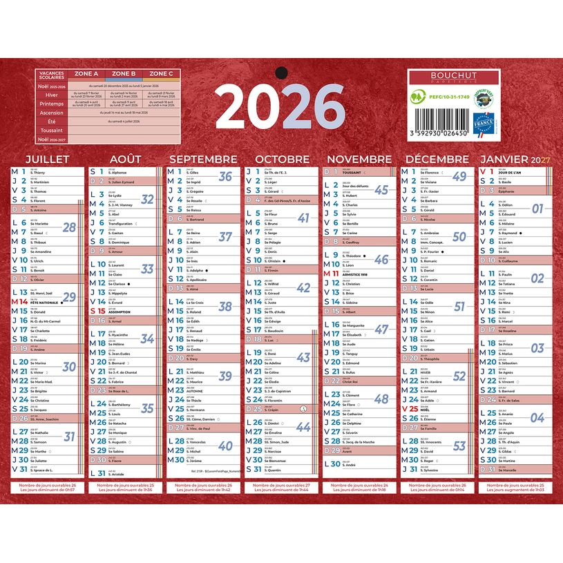 3592930026450-Calendrier bancaire année civile BOUCHUT "215 Rouge" 21 x 26,5 cm coloris rouge Pefc 70 %--1