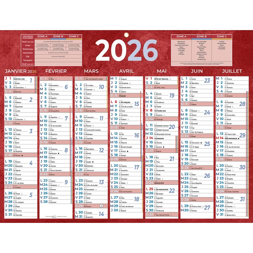 3592930026474-Calendrier bancaire année civile BOUCHUT "222 Rouge" 32 x 42 cm coloris rouge Pefc 70 %--0