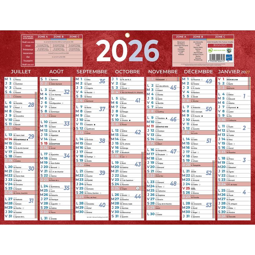 3592930026474-Calendrier bancaire année civile BOUCHUT "222 Rouge" 32 x 42 cm coloris rouge Pefc 70 %--1