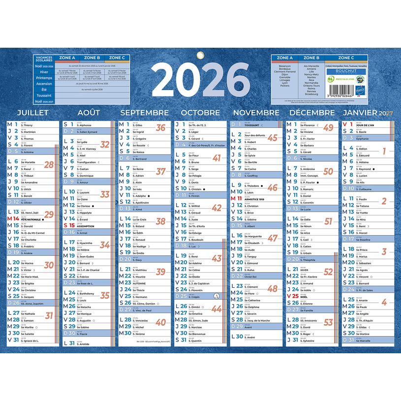 3592930026467-Calendrier bancaire année civile BOUCHUT "222 Bleu" 32 x 42 cm coloris bleu Pefc 70 %--1