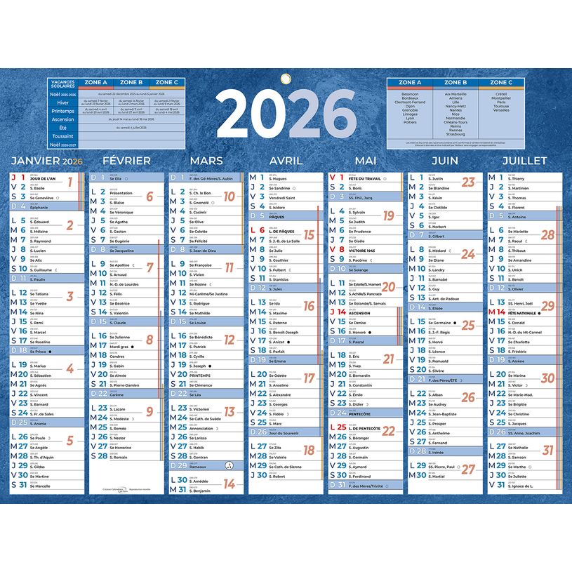 3592930026467-Calendrier bancaire année civile BOUCHUT "222 Bleu" 32 x 42 cm coloris bleu Pefc 70 %--0