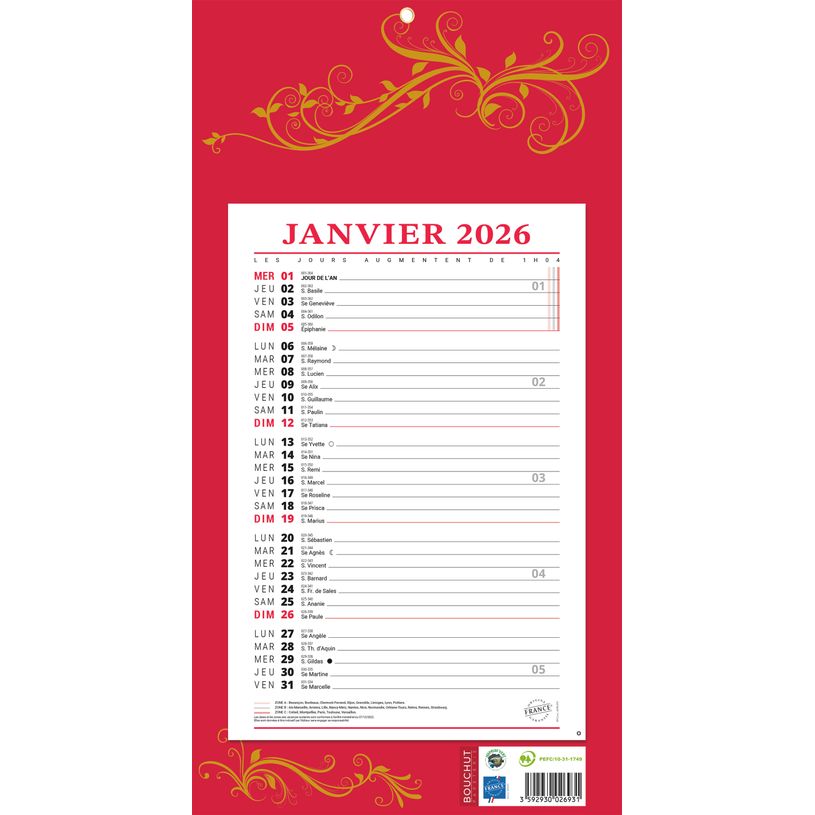 3592930026931-Calendrier bloc mensuel à feuillets année civile BOUCHUT "409 Rouge" 19 x 36 cm Pefc 70 %--0