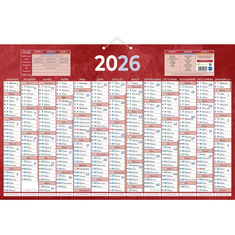 3592930026535-Calendrier bancaire année civile BOUCHUT "228 Rouge" 43 x 65 cm coloris rouge Pefc 70 %--0