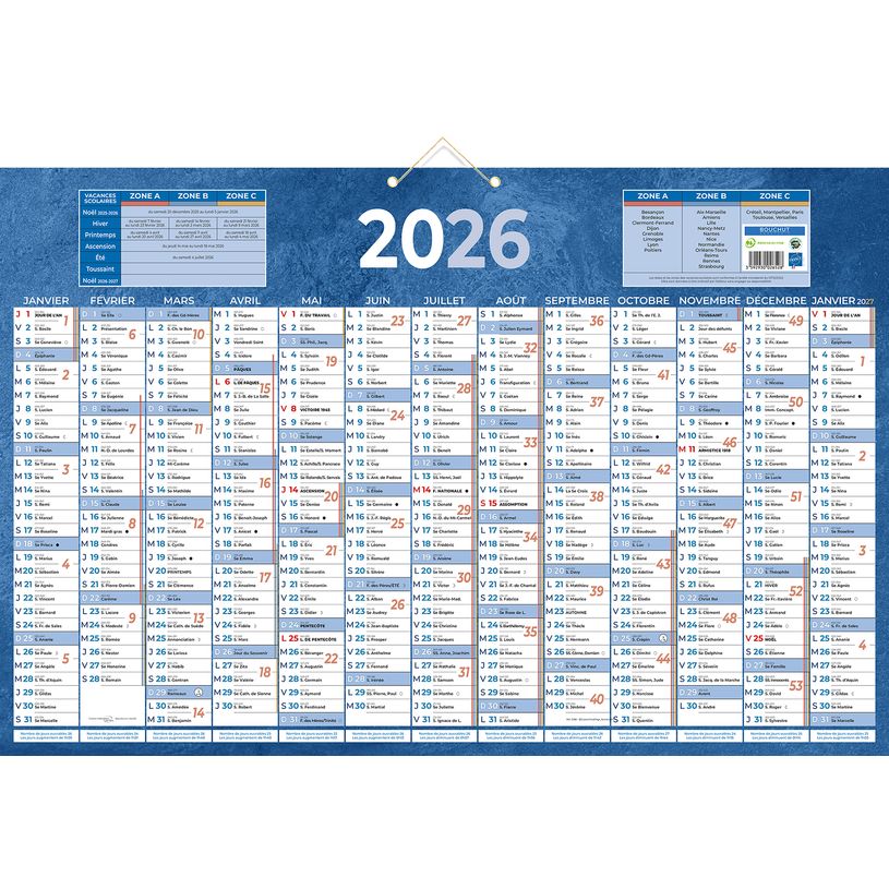 3592930026528-Calendrier bancaire année civile BOUCHUT "228 Bleu" 43 x 65 cm coloris bleu Pefc 70 %--0