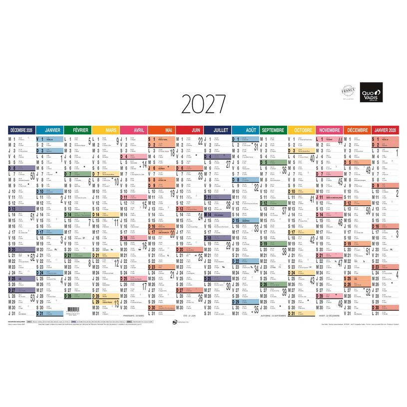 3371010201181-Quo Vadis - Calendrier mural - Français - Arc en ciel - Arc-en-ciel - 14 mois de décembre à janvier - 65x40,5 cm - Papier Clairefontaine blanc - Fabri--0