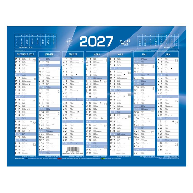 3371010201211-Quo Vadis - Calendrier mural - Français - Classic - Bleu - 14 mois de décembre à janvier - 27x21 cm - Papier Clairefontaine blanc - Fabri--0