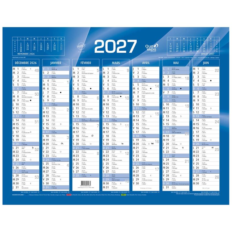3371010201235-Quo Vadis - Calendrier mural - Français - Classic - Bleu - 14 mois de décembre à janvier - 43x33,5 cm - Papier Clairefontaine blanc - Fabri--0