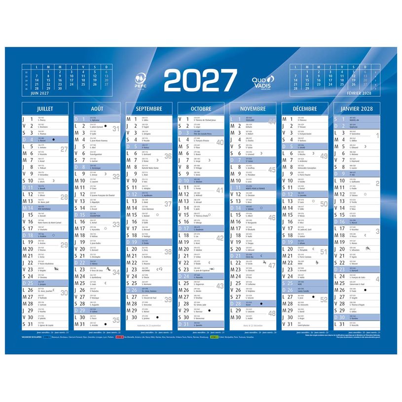 3371010201235-Quo Vadis - Calendrier mural - Français - Classic - Bleu - 14 mois de décembre à janvier - 43x33,5 cm - Papier Clairefontaine blanc - Fabri--1