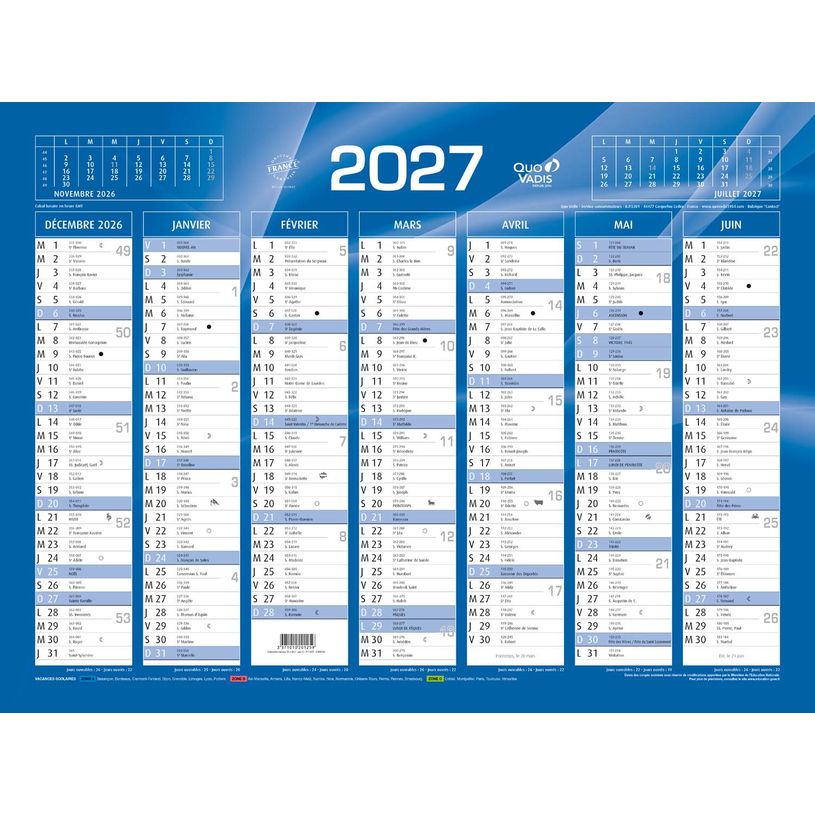 3371010201259-Quo Vadis - Calendrier mural - Français - Classic - Bleu - 14 mois de décembre à janvier - 55x40,5 cm - Papier Clairefontaine blanc - Fabri--0