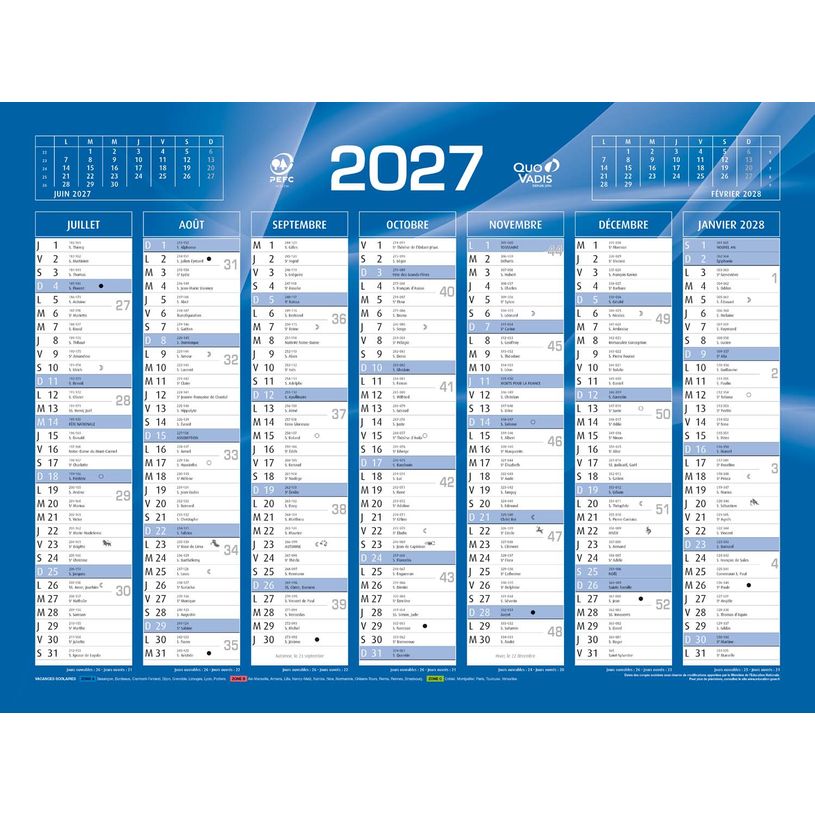 3371010201259-Quo Vadis - Calendrier mural - Français - Classic - Bleu - 14 mois de décembre à janvier - 55x40,5 cm - Papier Clairefontaine blanc - Fabri--1