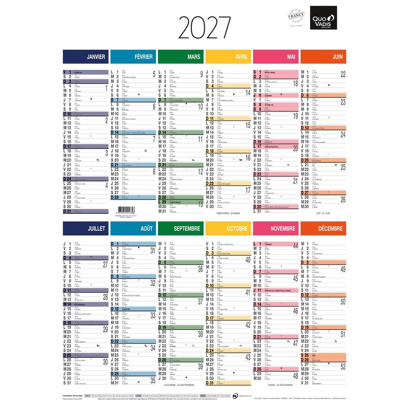 3371010214358-Quo Vadis - Calendrier mural - Français - Arc en ciel - Arc-en-ciel - 12 mois de janvier à décembre - 40,5x55 cm - Papier Clairefontaine blanc - Fabri--0
