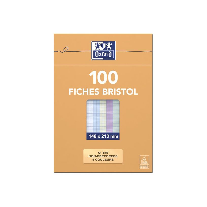 3020122360292-Oxford - Pack de 100 Fiches Bristol - A5 - petits carreaux - non perforées - couleurs assort-P_236029_1-1