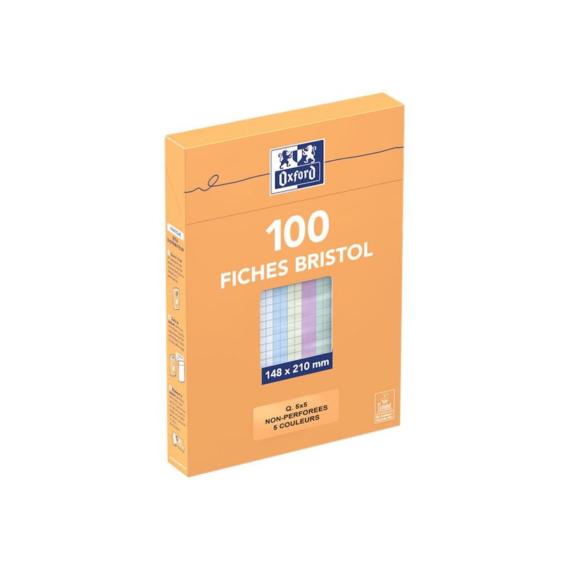 3020122360292-Oxford - Pack de 100 Fiches Bristol - A5 - petits carreaux - non perforées - couleurs assort-P_236029_2-2