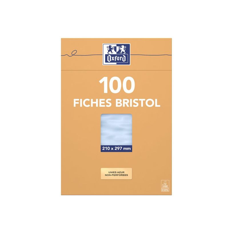 3020122370017-Oxford - Fiches Bristol - A4 - 21  x 29,7 cm - Non perforées - Bleu - Uni - Pack de 100-P_237001_1-0