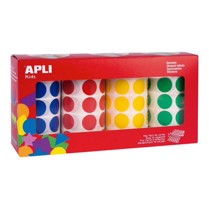 8410782137931-APLI kids - 4 rouleaux de gommettes rondes - 20 mm Ø - bleu, jaune, rouge, vert -P_300002254_1-0