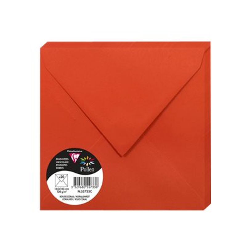 3329680557336-Pollen - enveloppe - 165 x 165 mm - côté ouvert - rouge corail - pack de 20-P_300012183_1-0