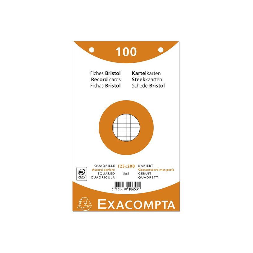 3130630106531-Fiches bristol quadrillées 5x5 perforées Exacompta – 125 x 200 mm – Paquet de 100 
