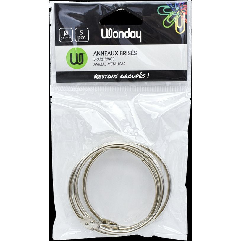 3701254707307-Wonday - Sachet de 5 anneaux brisés Ø 64 mm - Métal - Accessoire de reliure--0