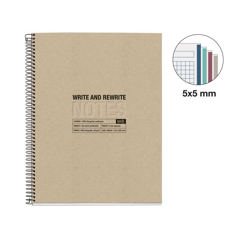 8422593060285-Notebook Eco Design, Carton recyclé, A4, quadrillage 5x5 mm, 120 feuilles de 4 couleurs, Miquelrius, K--1