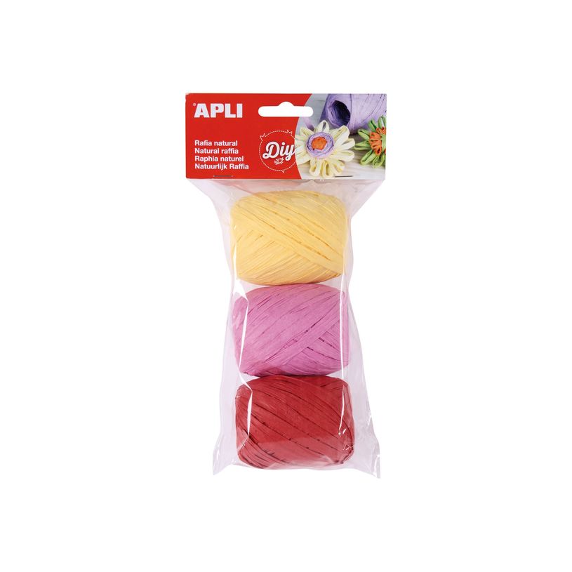 8410782144151-APLI kids - Fibre en raffia synthétique - 3 pièces - 3 x 30m - jaune clair, rose, grenat-P_300038284_1-0