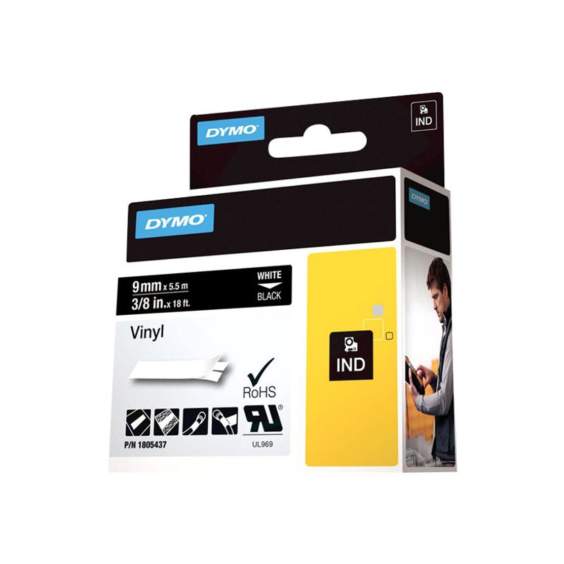 0071701059932-DYMO Rhino - Ruban d'étiquettes auto-adhésives - 1 rouleau  (1 cm x 5,5 m) - fond noir 