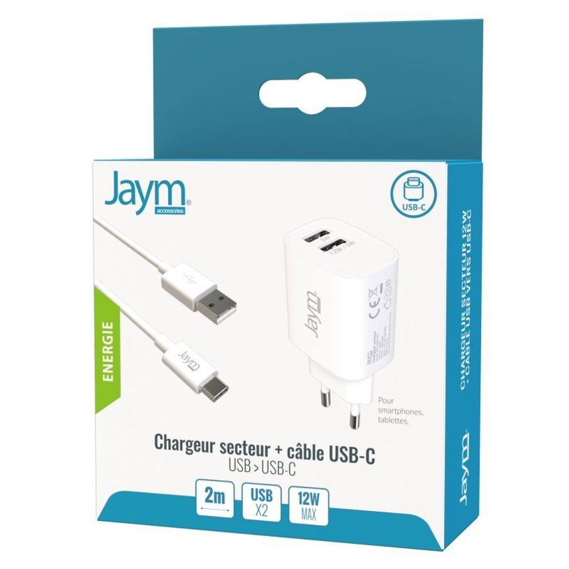 3701263503372-JAYM - Chargeur secteur - 2 USB + cable USB vers USB-C - blanc-P_300052353_5-2