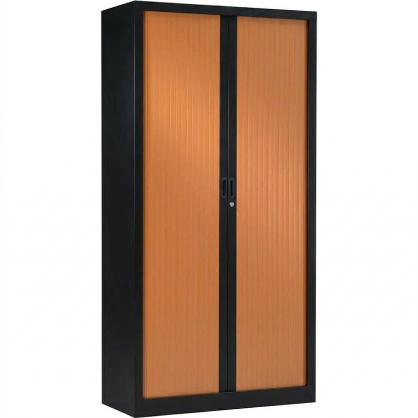 -Armoire métallique haute monobloc à rideaux - 198x120x45cm - noir/merisier--0