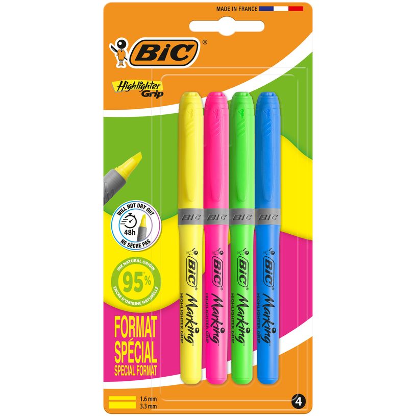 3086123504127-BIC - 4 surligneurs Highlighter Grip - couleurs assorties--1