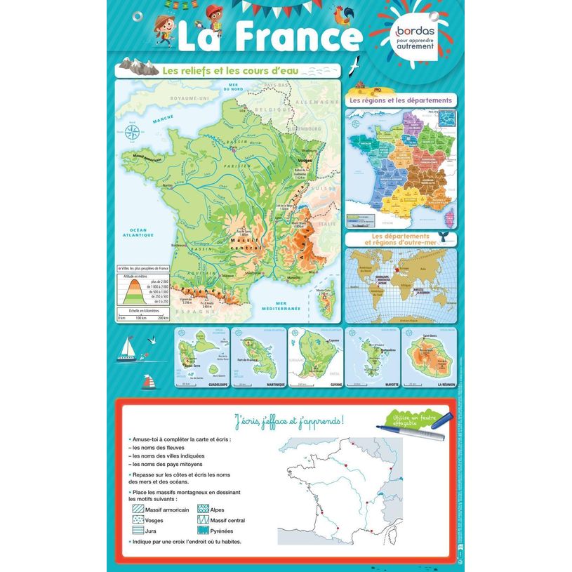 3133099136309-Poster Éducatif Géographie de la France (43x69cm) - Carte Effaçable - idéal de la maternelle au CE2--0