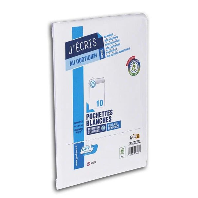 3250650066285-GPV - 10 pochettes blanches - C5 162 x 229 mm - 90 g/m² - sans fenêtre - blanc - bande adhésive--0