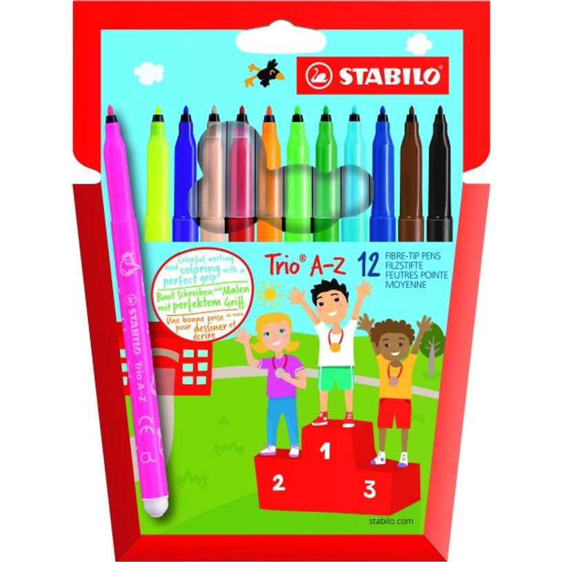 4006381355230-STABILO Trio A-Z - 12 Feutres dont 2 fluo - pointe moyenne-P_378112_1-0