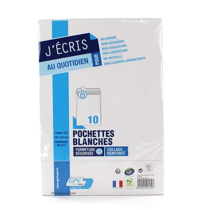 3250650066292-GPV - 10 pochettes blanches - C4 229x324 mm - 90 g/m² - sans fenêtre - blanc - bande adhésive--0