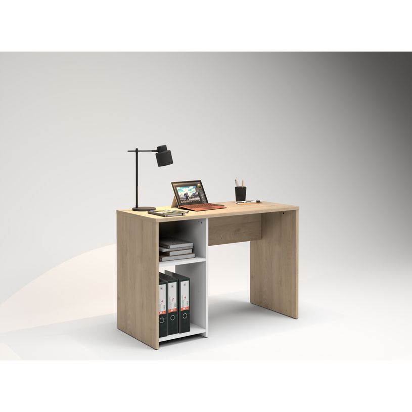 3483601209411-Bureau home office - Finition blanc et imitation chêne avec 1 partie rangement --3