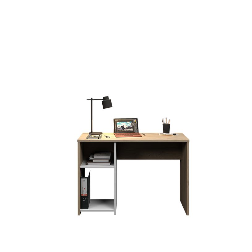3483601209411-Bureau home office - Finition blanc et imitation chêne avec 1 partie rangement --0