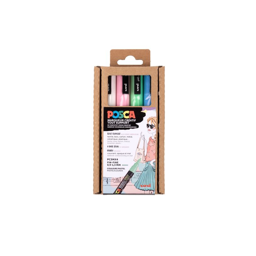 3296280042893-Posca - Pack de 4 feutres pastel - pointe fine - blanc, vert, bleu ,rose-P_400000165_1-0
