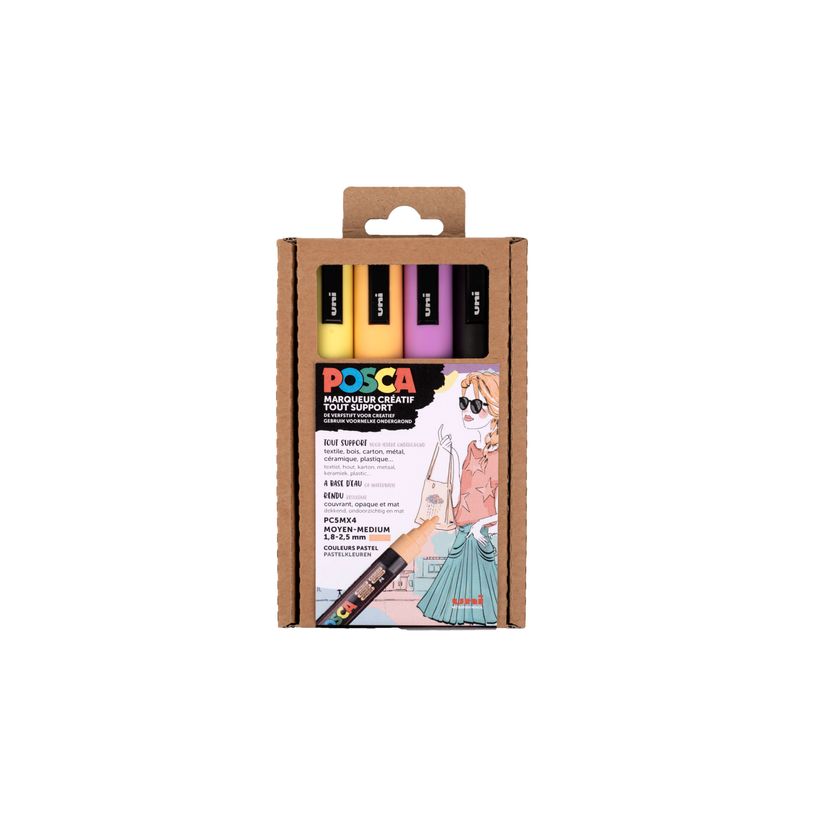 3296280042909-Posca - Pack de 4 feutre pastel - pointe moyenne - noir, lavande, abricot, jaune-P_400000166_1-0