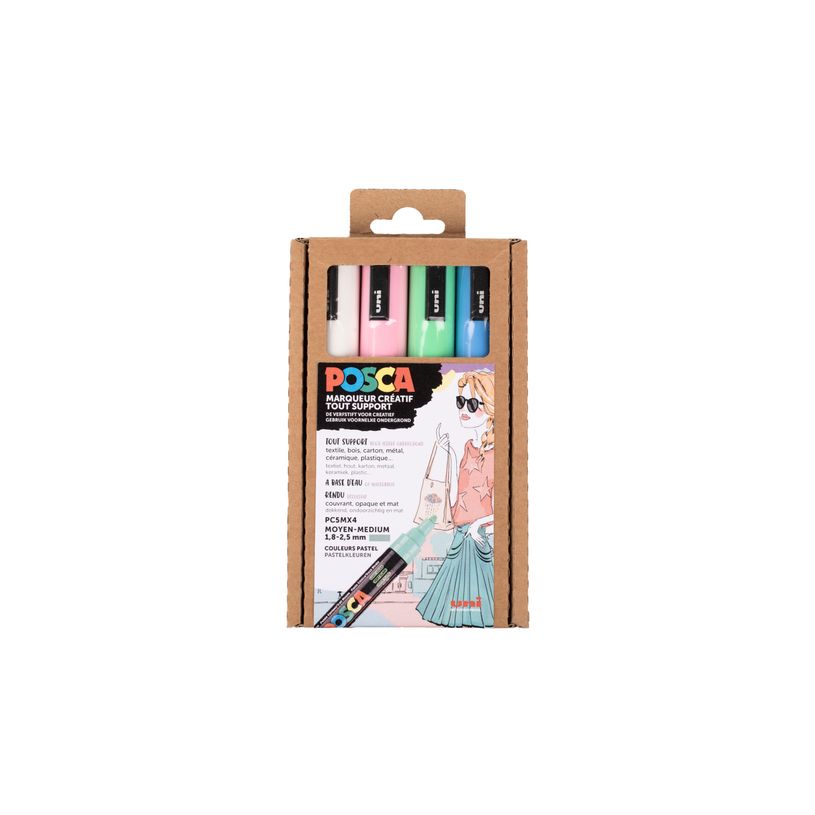 3296280042916-Posca - Pack de 4 feutre pastel - pointe moyenne - blanc, vert, bleu, rose-P_400000167_1-0