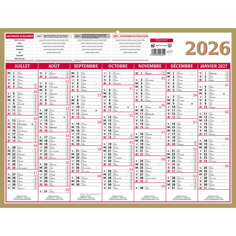3592930028690-Calendrier bancaire année civile BOUCHUT "Medior" 32 x 42 cm coloris or Pefc 70 %--1