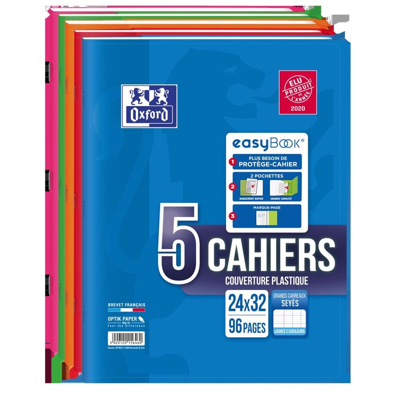 3020120156460-Oxford Easybook - Lot de 5 cahiers polypro 24 x 32 cm - 96 pages - grands carreaux (Seyes)-P_400001341_1-0