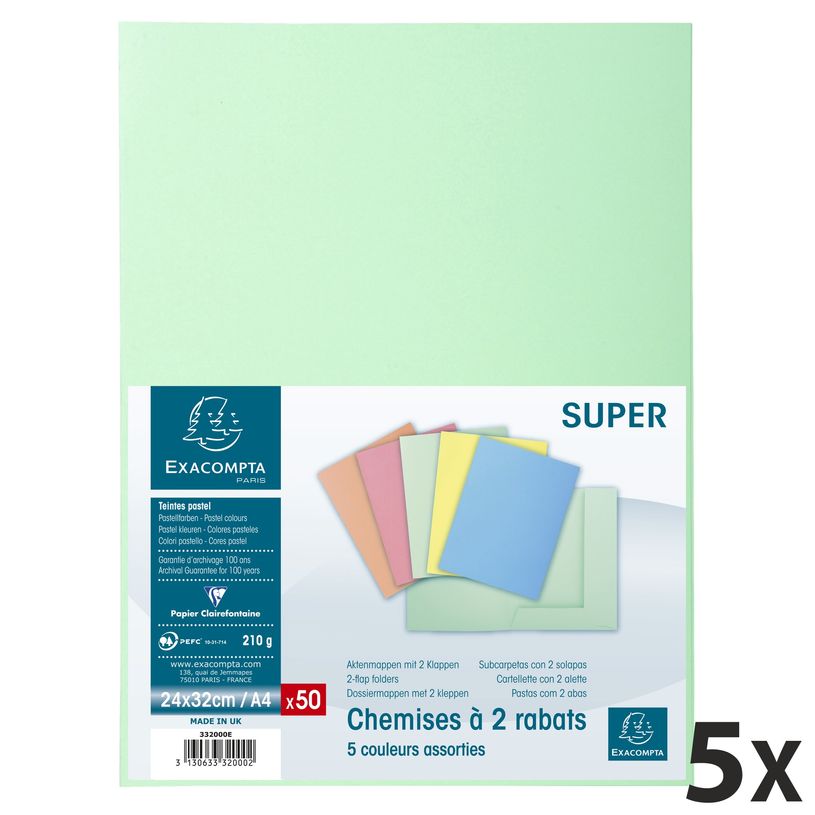 3130638332000-Exacompta Super 210 - 250 Chemises 2 rabats - 160 gr - couleurs assorties (5 paquets de 50-P_400001845_9-0