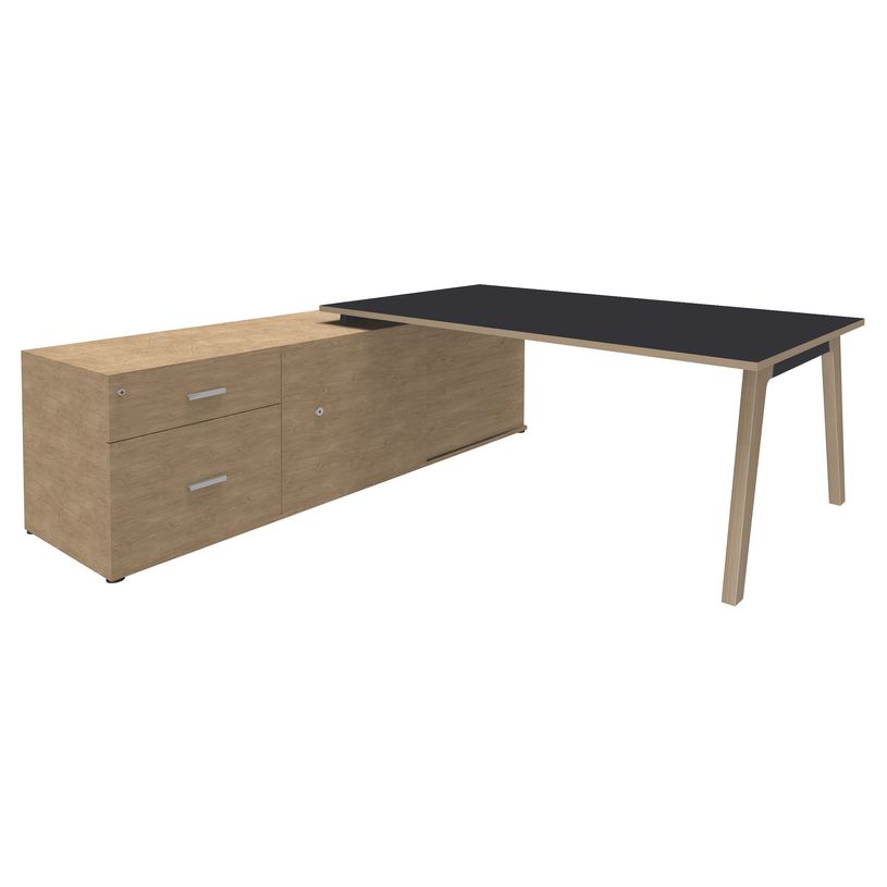 3253310171848-Bureau WOODY Manager - L210 x P100 x H72,5 cm - console retour à gauche L200 x P60 cm - pieds carbone - plateau carbone-P_400001891_1-0