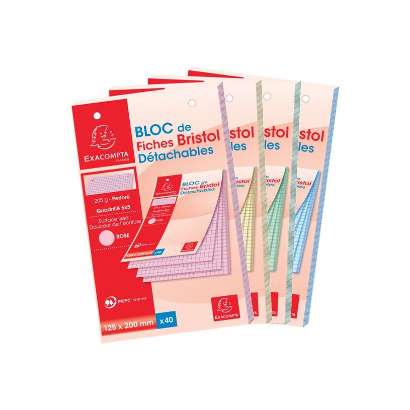 0404000023999-Exacompta - Pack de 40 Fiches Bristol - 12,5 x 20 cm - petits carreaux - couleurs assortie-P_400002399_1-0