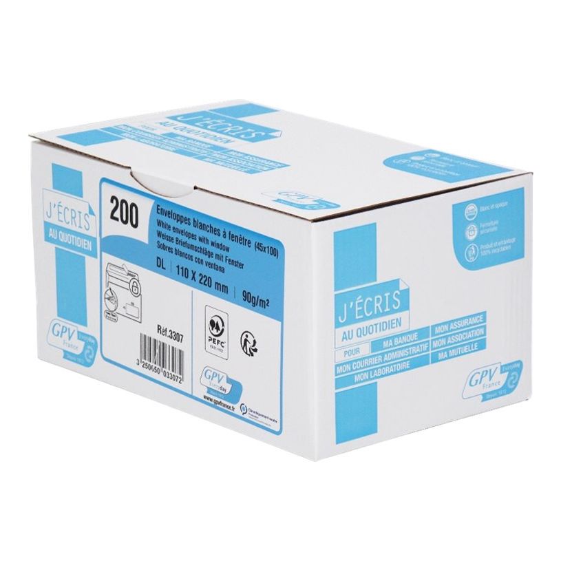 3250650033072-GPV - 200 Enveloppes DL 110 x 220 mm - 90 gr - fenêtre 45x100 mm - blanc - bande adhésiv-P_400002458_1-0