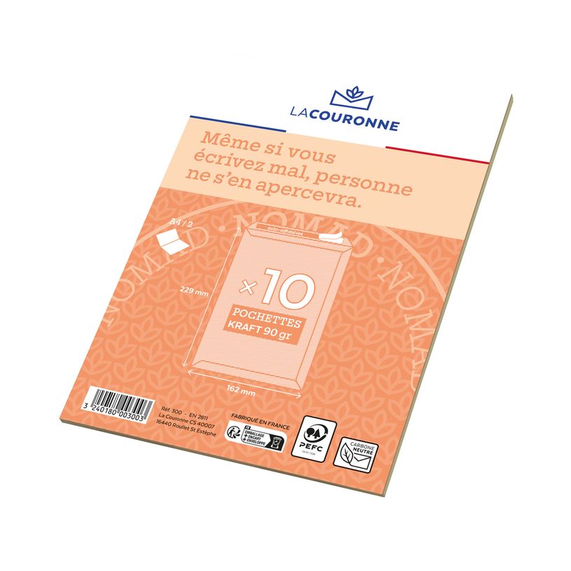3240180003003-La Couronne - 10 Pochettes  C5 162 x 229 mm - 90 gr - kraft - sans fenêtre - bande auto-a-P_400002467_1-0