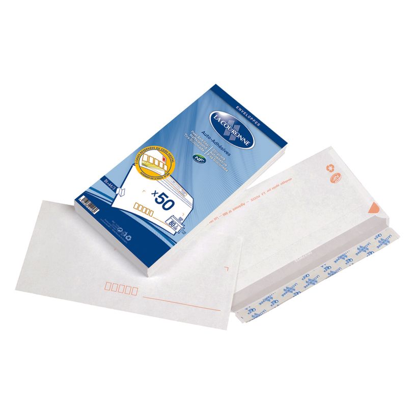 3240180014160-La Couronne - 50 Enveloppes précasées DL 110 x 220 mm - 80 gr - sans fenêtre - blanc - -P_400002470_1-0