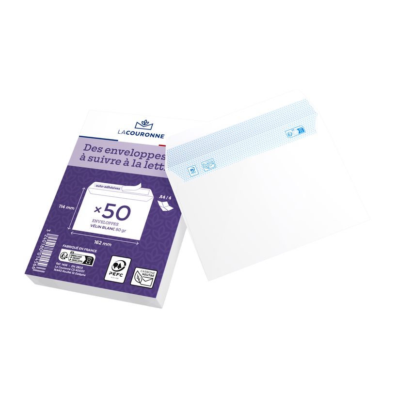 3240180014566-La Couronne - 50 Enveloppes C6 114 x 162 mm - 80 gr - blanc - sans fenêtre - bande auto-a-P_400002471_1-0