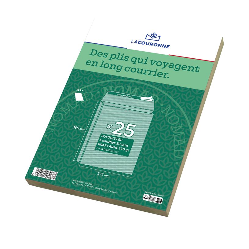3240180230683-La Couronne - 25 Pochettes kraft armé à soufflets - 280 x 360x30 mm - 130 gr - sans fen