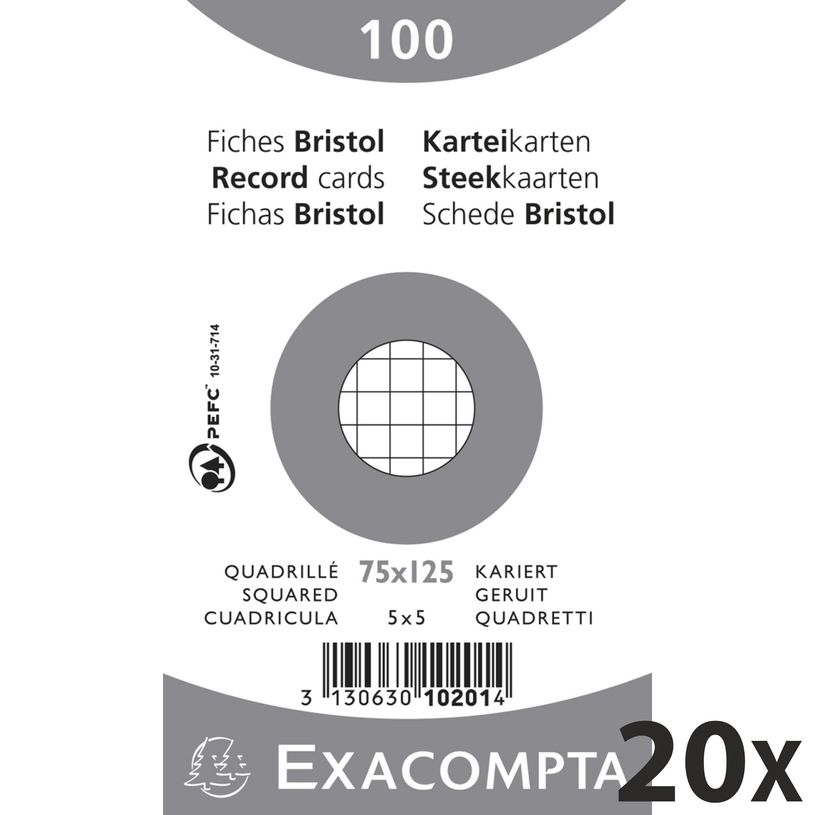 3130631102013-Exacompta - 20 Packs de 100 Fiches Bristol - 7,5 x 12,5 cm - petits carreaux - non perfor