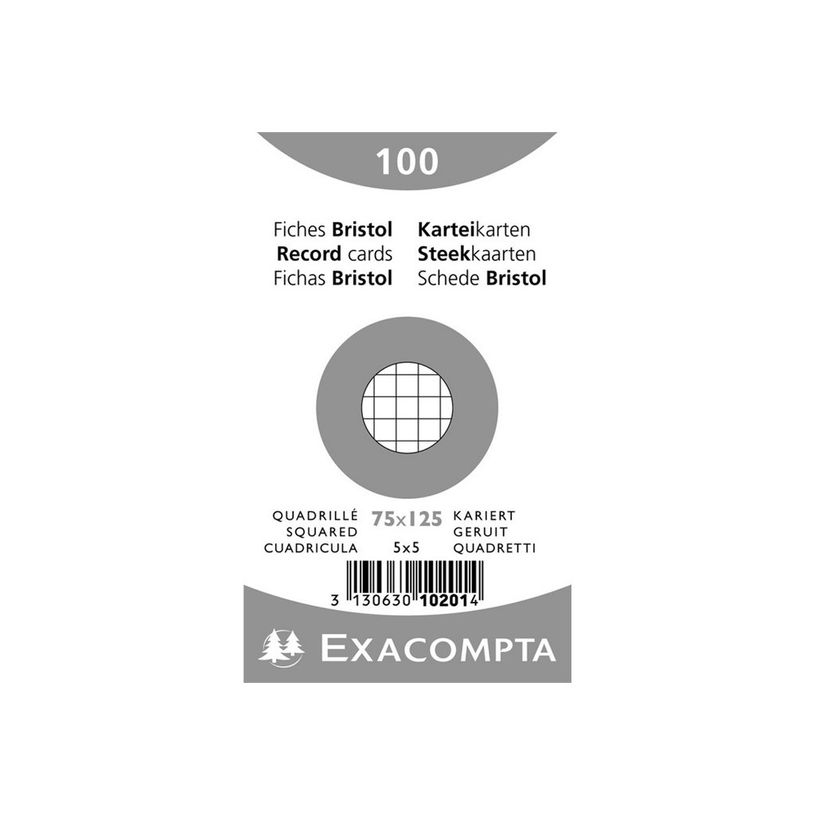 3130631102013-Exacompta - 20 Packs de 100 Fiches Bristol - 7,5 x 12,5 cm - petits carreaux - non perfor